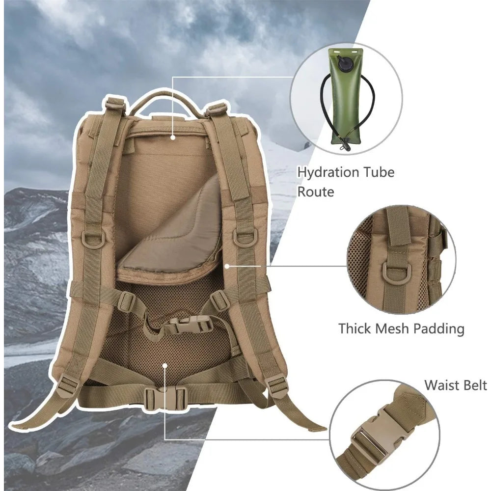 MOLLE Assault Pack, Tactical Backpack Military Army Camping Rucksack, 3-Day Pack Trip w/USA Flag Patch, D-Rings, Coyote