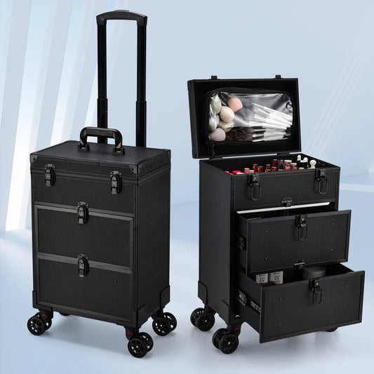 Professional 3 in 1 Rolling Makeup Case on Wheels 2 Large Drawer Nail Trolley Traveling Cosmetic Train Case with Makeup Pouch