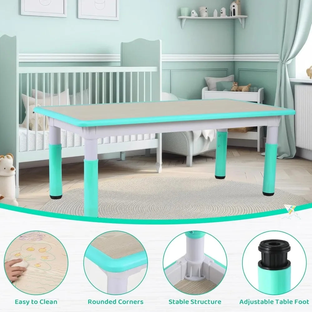 Kids Table and 6 Chairs Set, Height Adjustable Graffiti Table, Preschool Activity Art Craft Table, for Daycare Classroom