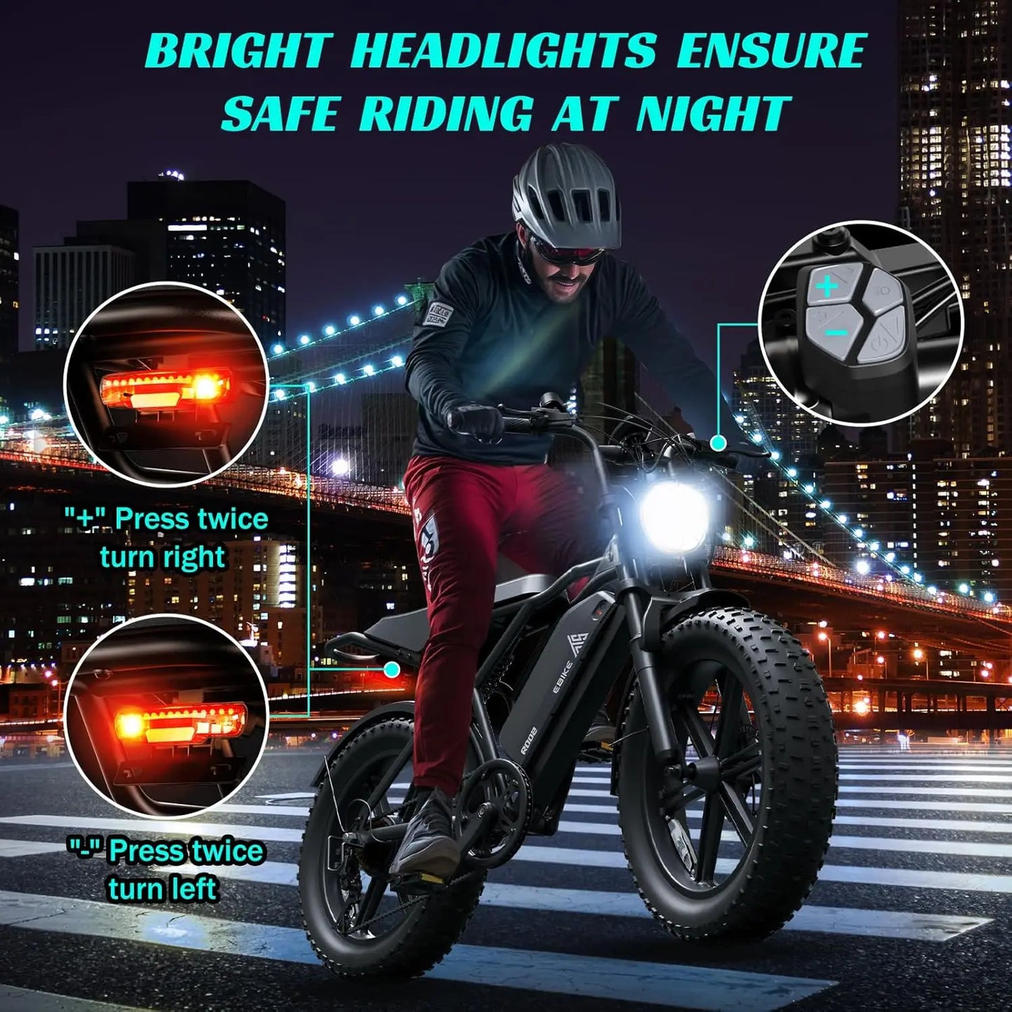 TST R002S 1500W e-bike, 20" fat tires, 60-mile range, 28MPH, 48V 15Ah battery, for all terrains.