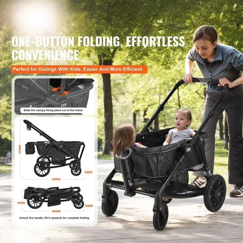 All-Terrain Stroller Wagon, 2 Seats Foldable Expedition 2-in-1 Collapsible Wagon Stroller, Includes Canopy, Parent Organizer