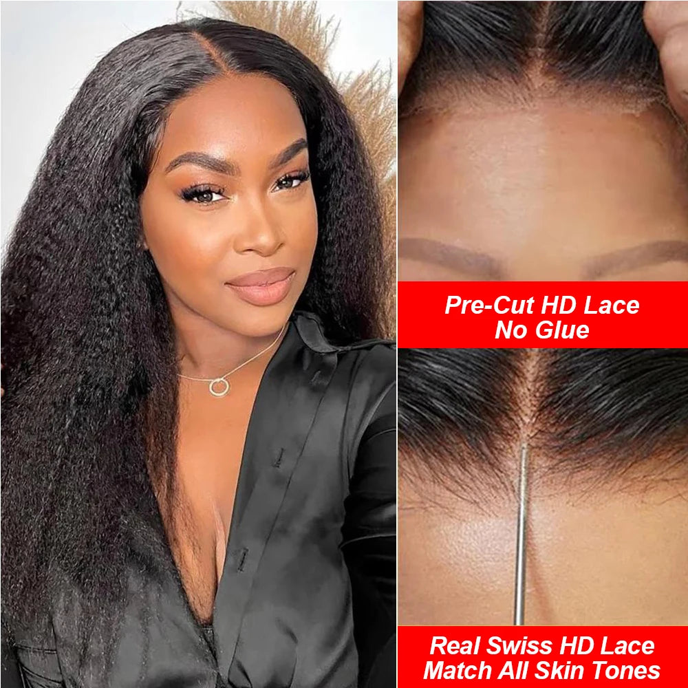 Yaki Kinky Straight Glueless Wigs Human Hair Ready To Wear Preplucked 4C Edges 13x6 HD Lace Frontal Wig Human Hair For Women 200