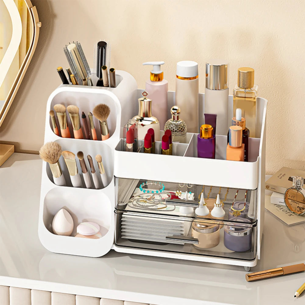 Plastic Desktop Organizer Makeup Storage Box with Drawers Cosmetic Display Case Makeup Display Stand for Lipstick Makeup Brush