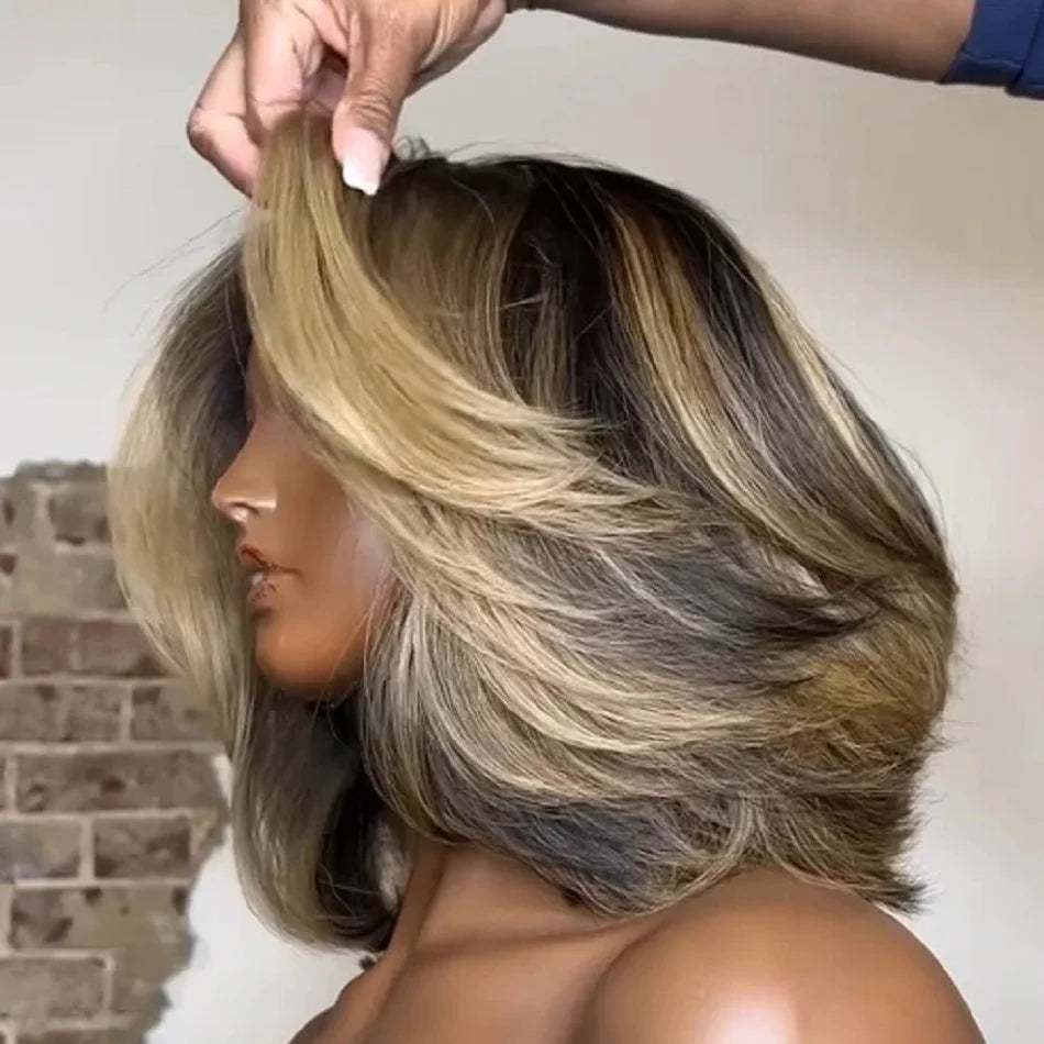 10 12inch Layered Glueless Bob Wigs Human Hair for Black Women Brown Blonde Highlight Layered Cut Bob 5x5 Lace Closure Wig