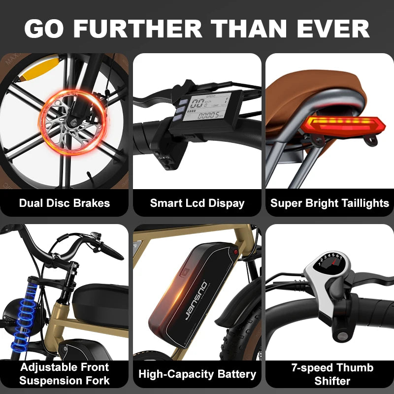 750W 48V 20" Fat Tire E-Bike, 120KM Range Dual Battery, 25° Climb, 330LBS Load, 20" Anti-Puncture Tires, Removable Battery, for