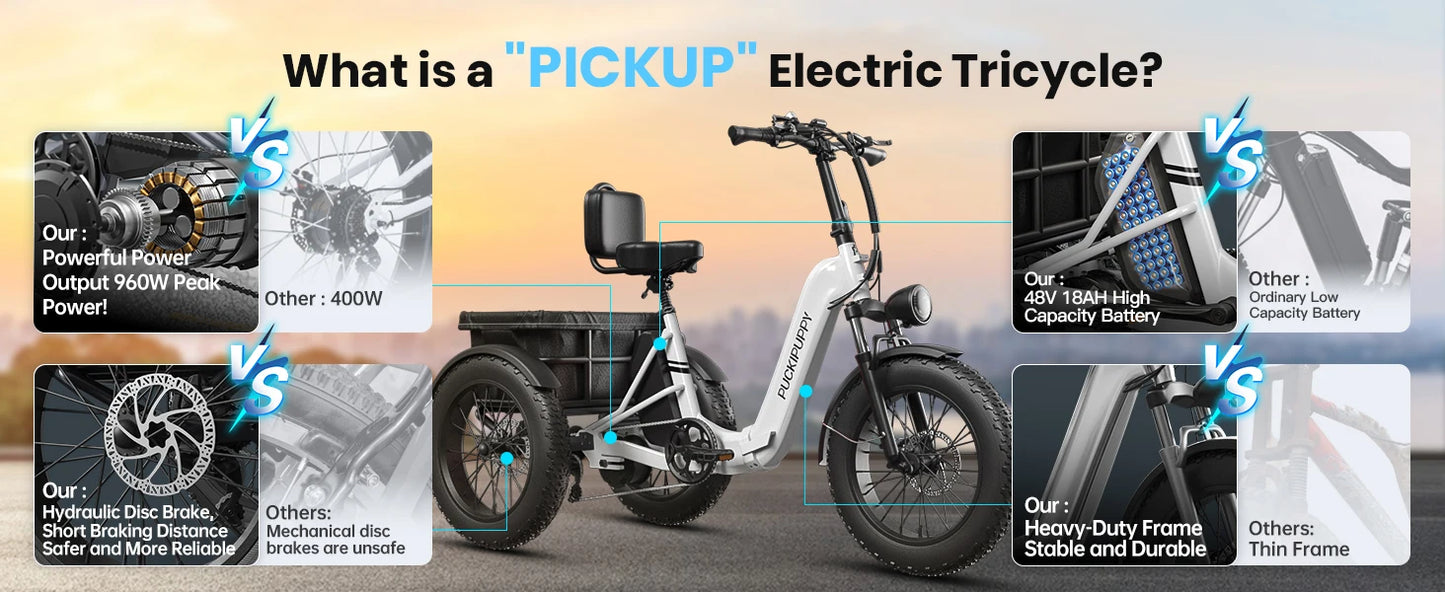 PUCKIPUPPY Electric Tricycle for Adult with 960W Peak Motor 60 Miles Range Pickup Class Trike 500 Lbs Load Electric Trike