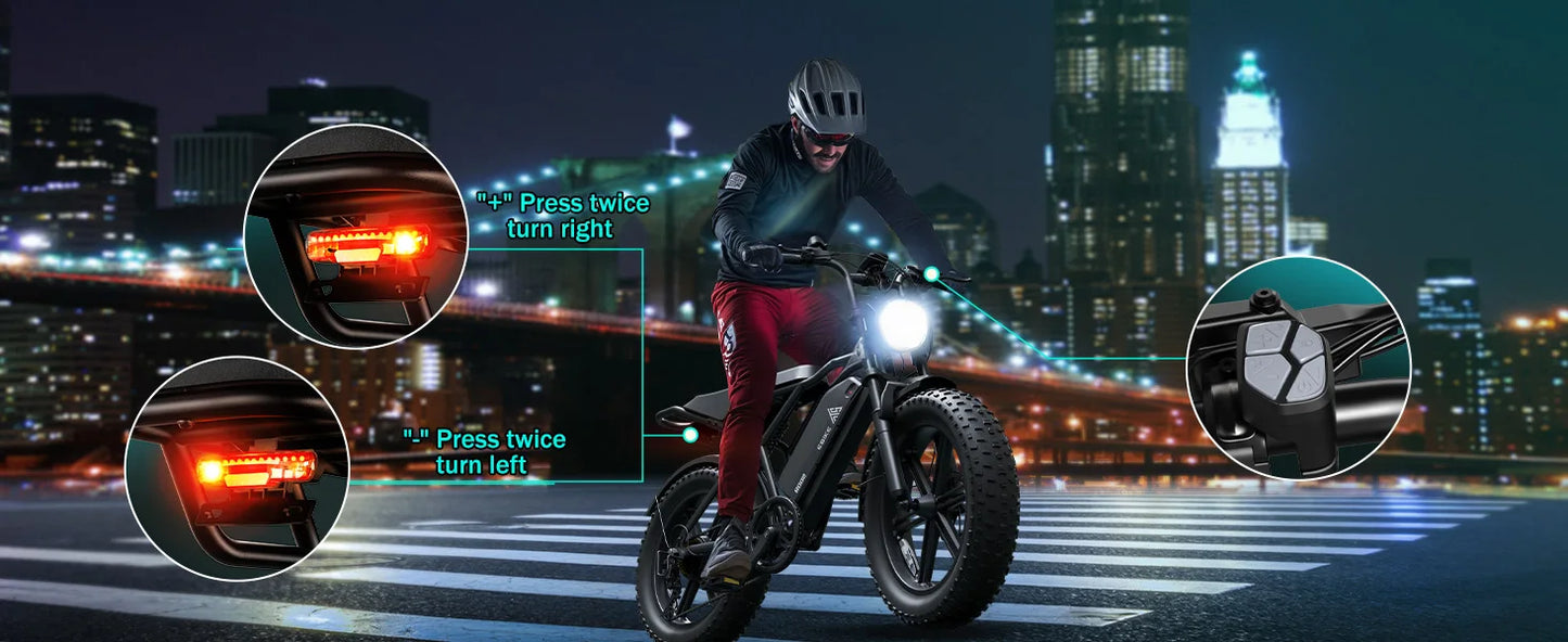 TST R002S 1500W e-bike, 20" fat tires, 60-mile range, 28MPH, 48V 15Ah battery, for all terrains.