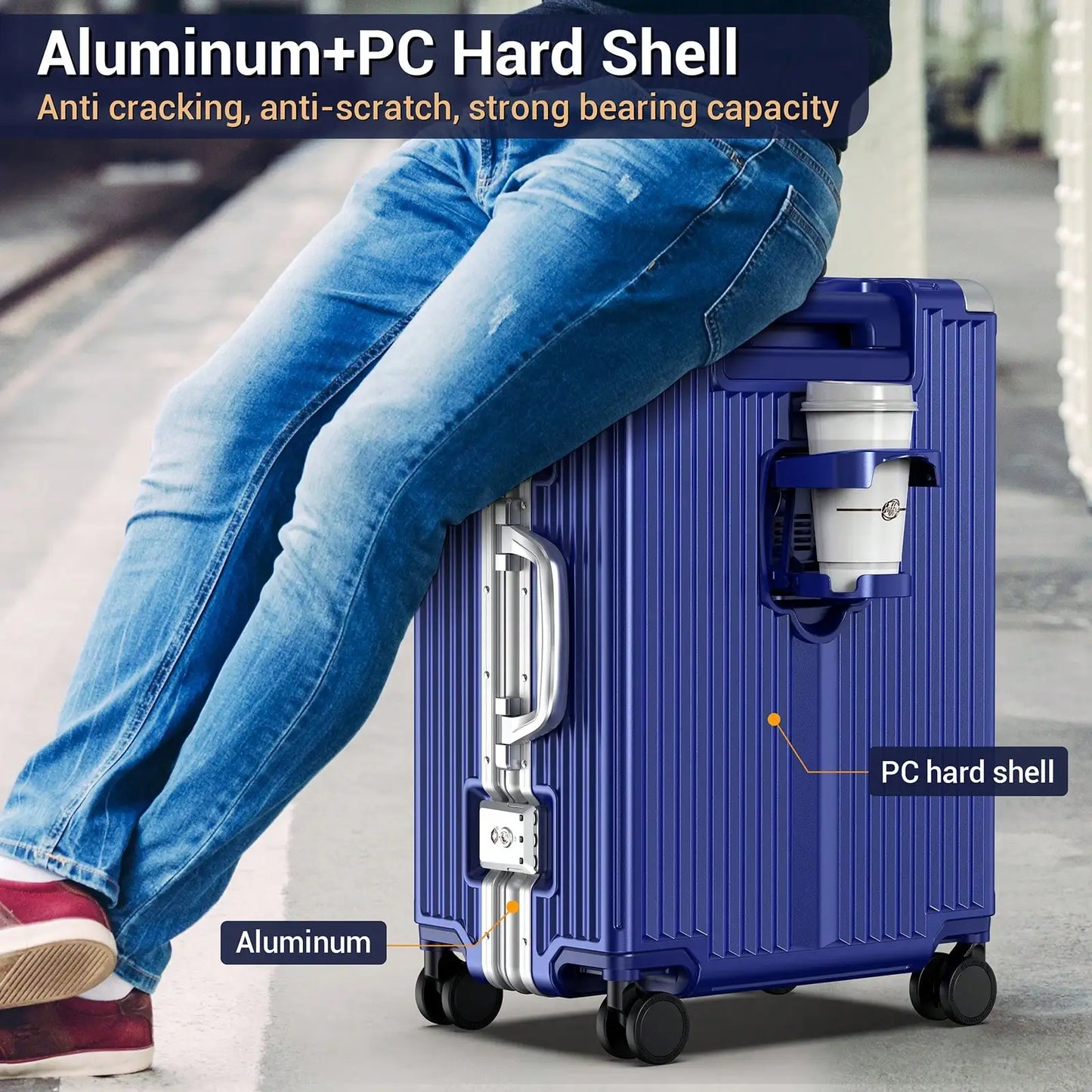 Aluminum Framed Carry On Luggage, Airline Approved 22x14x9" Suitcase with Spinner Wheels, Front Laptop Compartment & Cup Holder