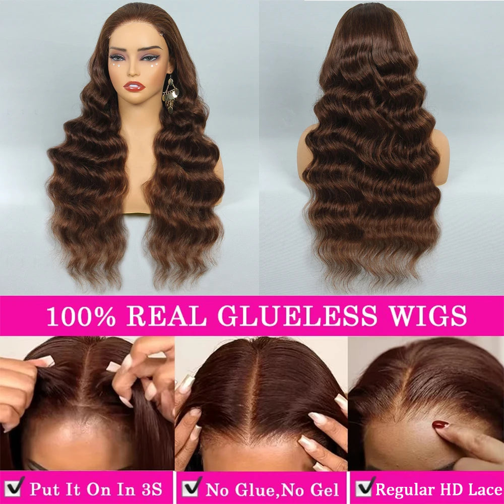 Chocolate Brown Glueless Wigs Human Hair Transparent 13x4 HD Lace Frontal Wig Ready To Wear And Go Body Wave Lace Front Wig