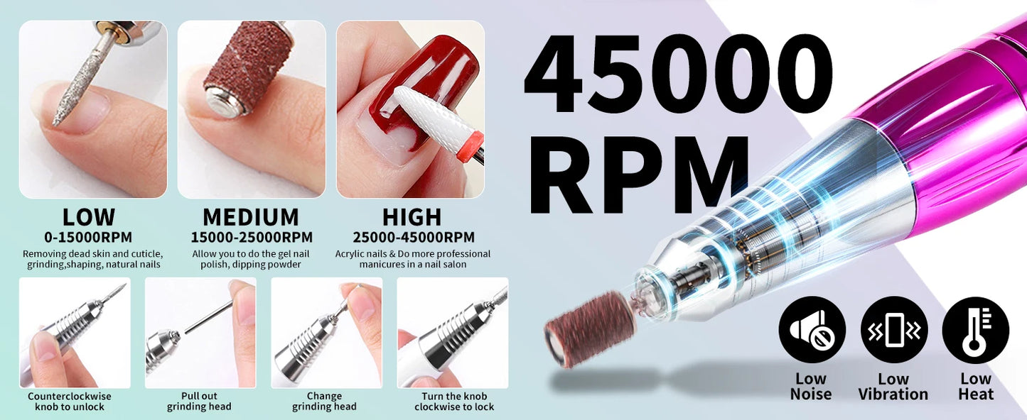 45000RPM Electric Nail Drill Professional Nail Polishing Machine Low Noise Nails Sander File Set For Manicure Salon/Home Tools