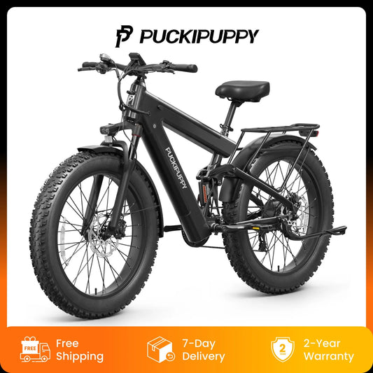PUCKIPUPPY Dual Battery Electric Bike for Adults 1350W 48V 30AH Ebike 26" Fat Tire Full Suspension Electric Mountain Bike