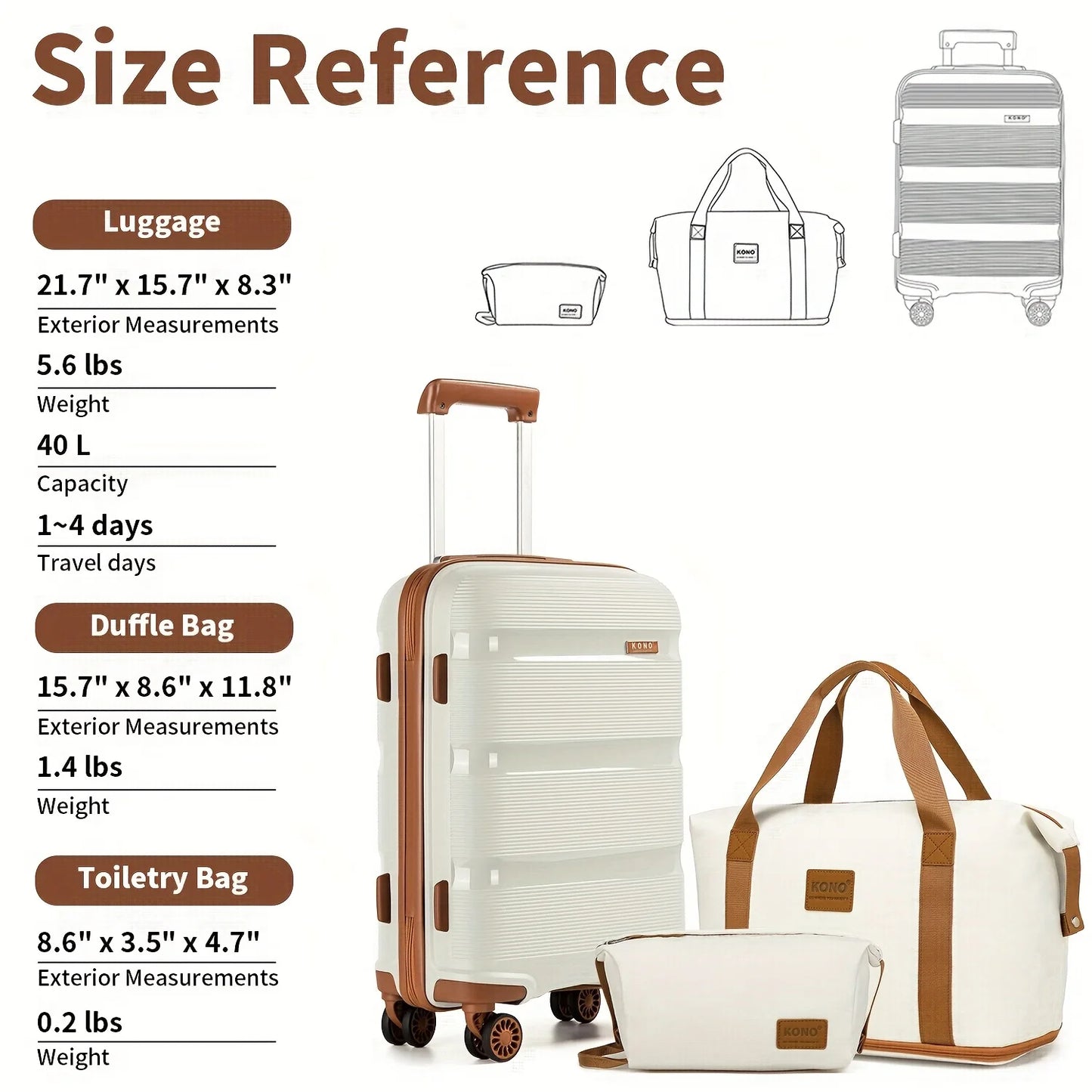 Kono 20" Lightweight Hardshell Luggage Set - Cabin Carry-On with Travel & Toiletry Bags