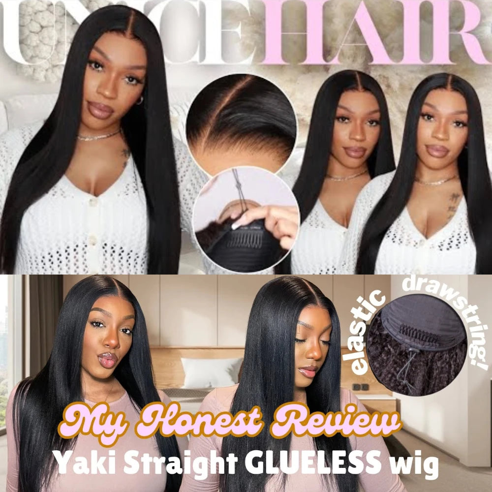 UNice Hair Natural Color Yaki Straight Human Hair Wig Pre Cut Pre Bleached 7x5 Lace Glueless Wig & V Part Wig 150% Density