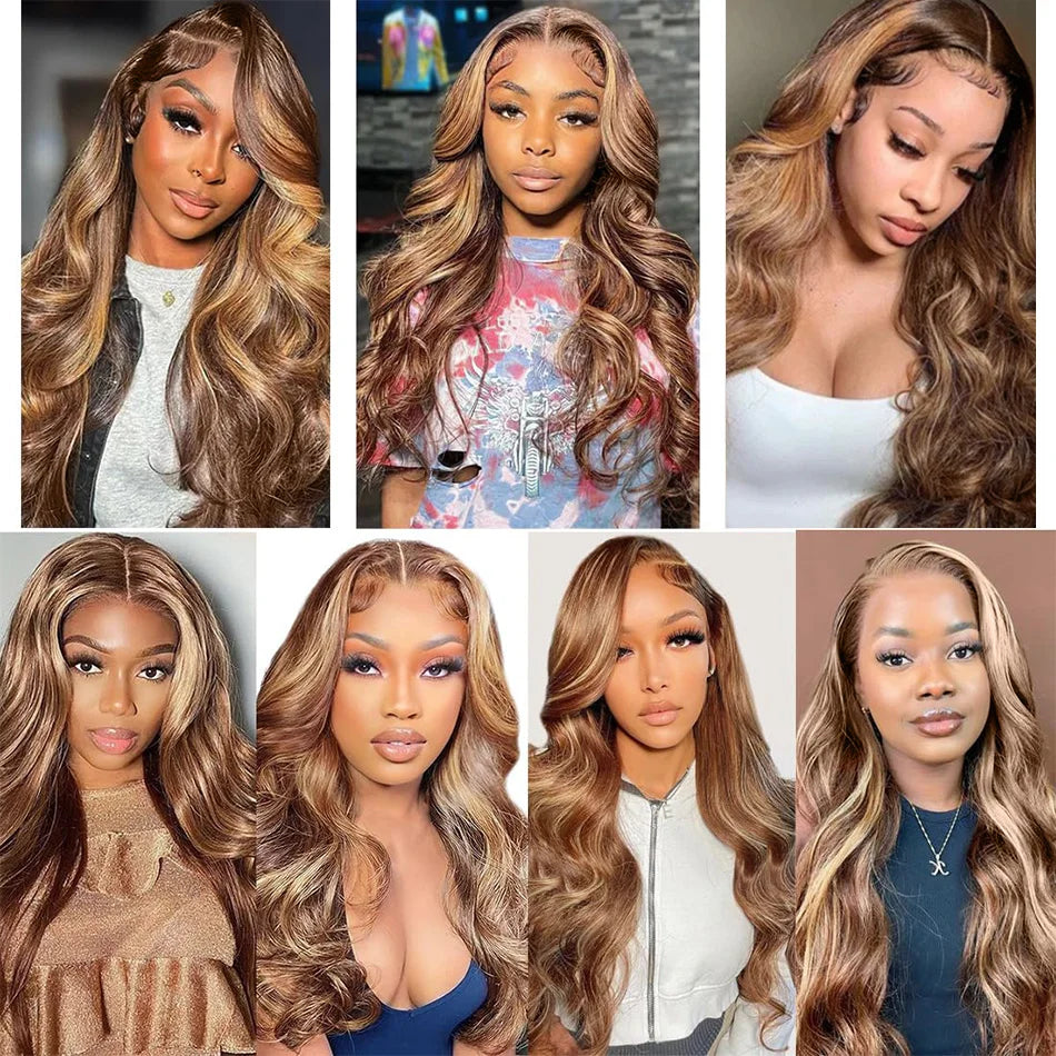 250 Density Highlight Ombre 100% Human Hair 13x6 HD Lace Frontal Wigs Body Wave 13x4 Lace Front Wig Water Loose Brown Brazilian