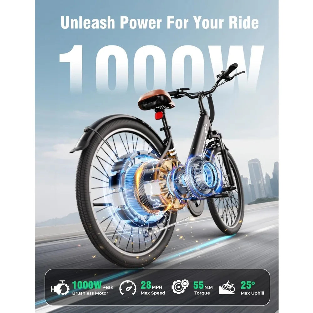Electric Bikes for Adults,1000W Electric Bike, 26" Ebikes for Adults with 375Wh Removable Battery, 25MPH&40Miles, Customized