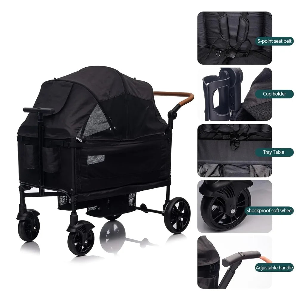 Wagon Stroller for 2 Kids & Cargo-Travel Stroller Push-Pull Double Wagon Lightweight Folding Stroller