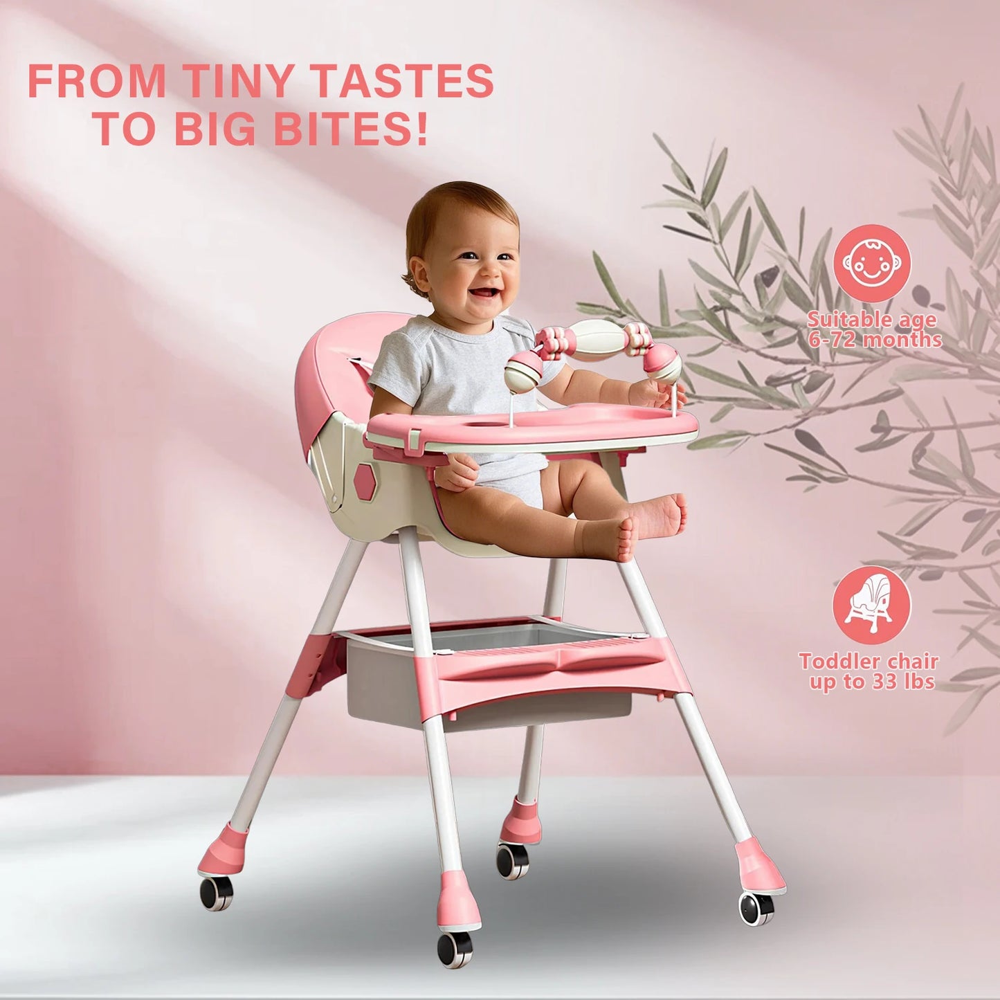 Foldable Baby High Chair 6 Months Plus with Large Antislip Pad & ToyRack Easy to Clean Feeding E500 With Brakeable Wheel