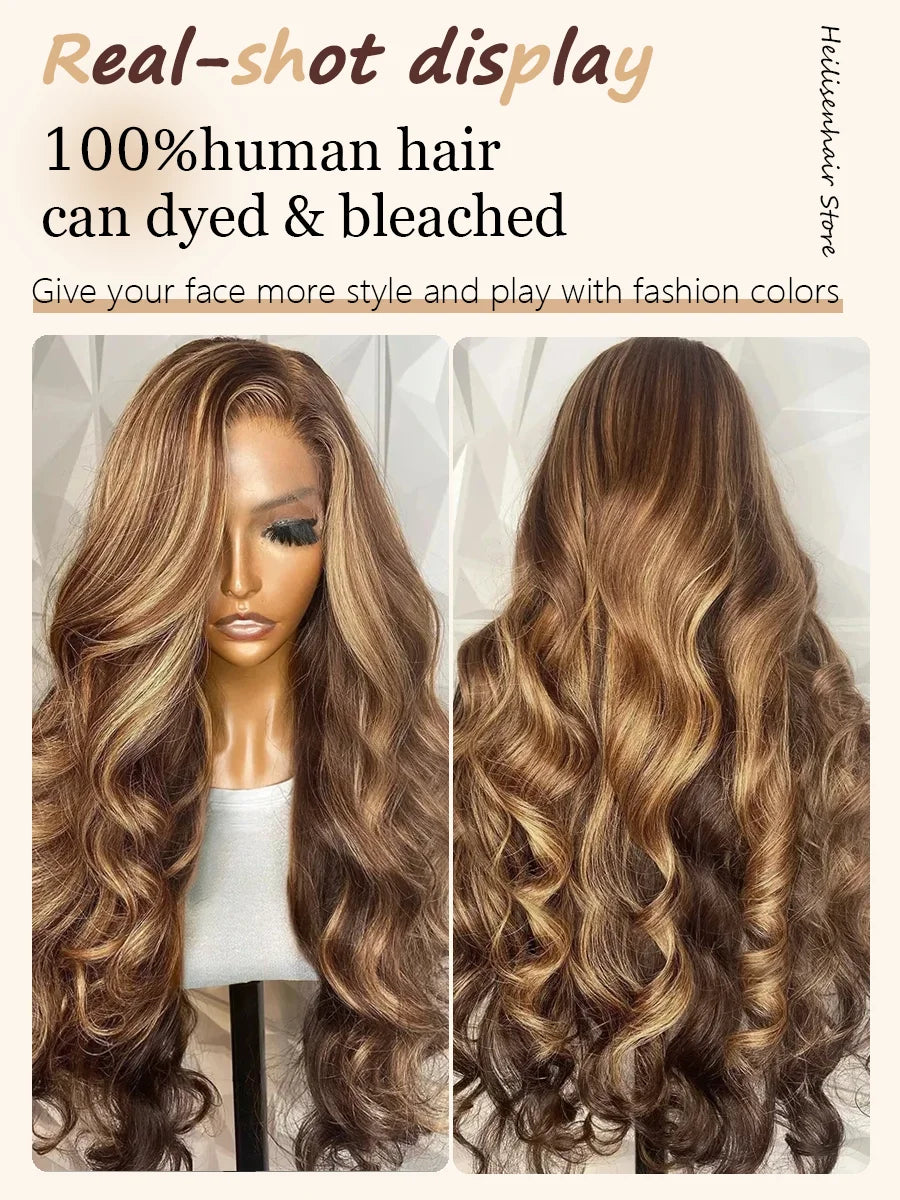 13x6 Lace Frontal Wig body Wave 36 Inch 220% Density P4/27 Highlight HD Transparent Lace Brazilian Human Hair Wigs For Women