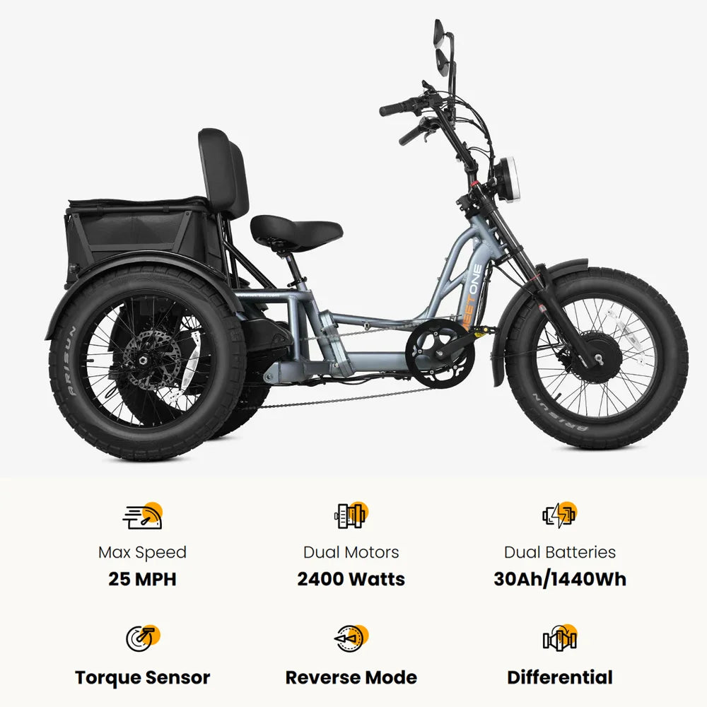 High Power Remote Dual Motor Dual Battery 3 Wheel E Cargo Tricycle Adult Sand Snow Fat Tire Electric Delivery Tricycle
