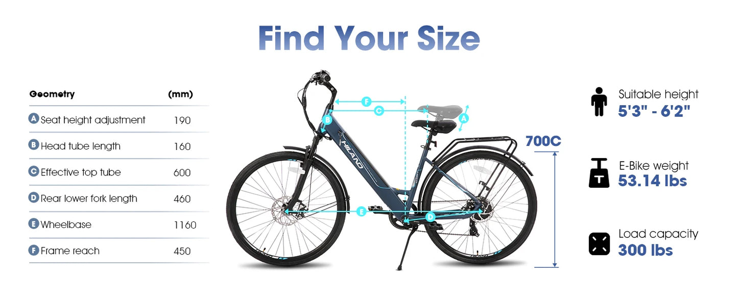 HILAND electric road bike, detachable lithium battery, commuting electric bike, Including shelves, 250W, with LCD display