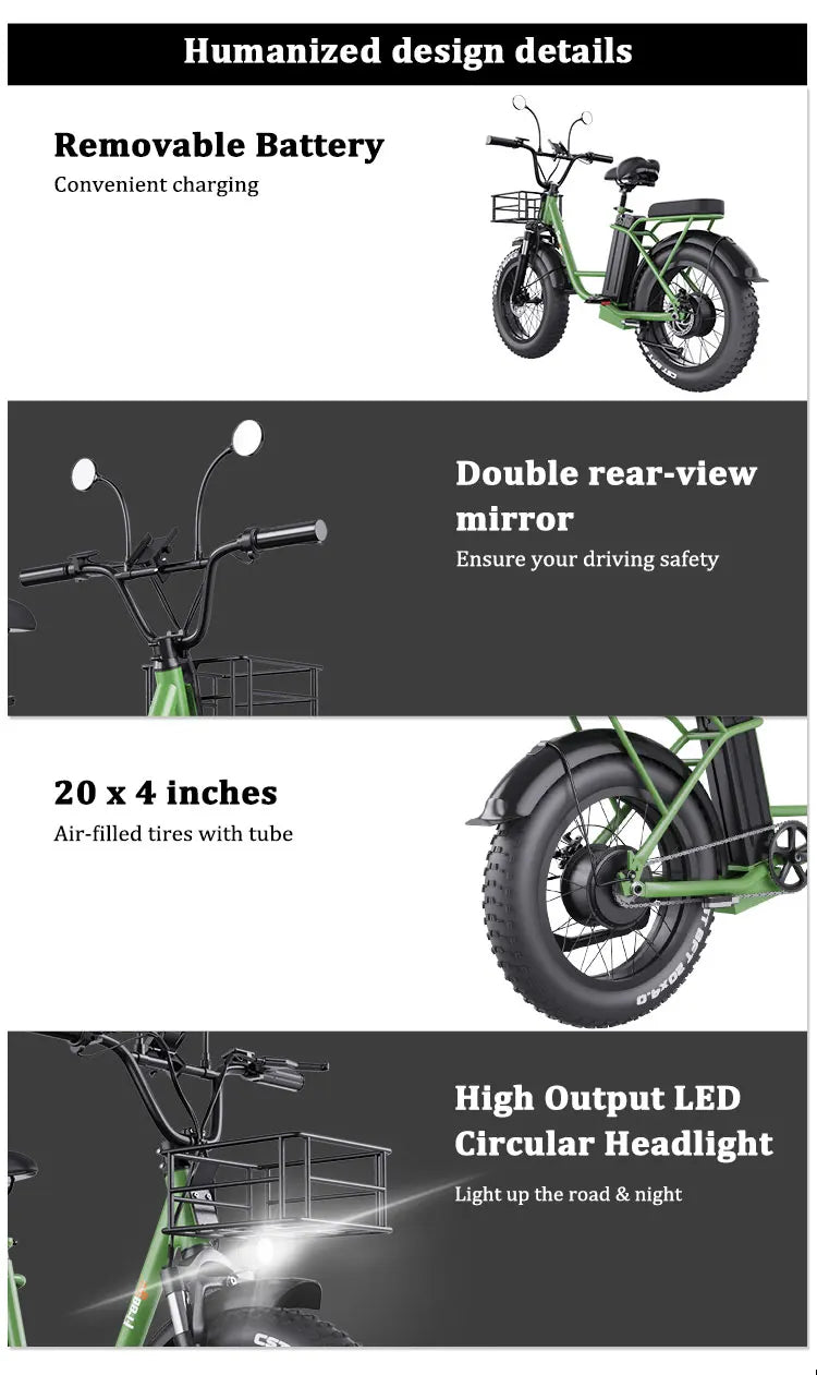 Freego Electric Dirt Bike for Adults 20" x 4 Fat Tire Electric Bicycle 48V 25AH Battery with Front and Rear Cargo Rack 2 Seater