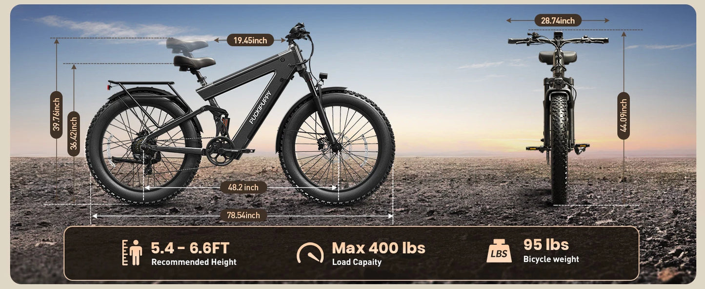 PUCKIPUPPY Dual Battery Electric Bike for Adults 1350W 48V 30AH Ebike 26" Fat Tire Full Suspension Electric Mountain Bike