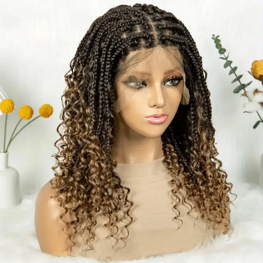 Knotless Box Braided Wigs with Curly Ends Synthetic Full Lace Braided Lace Wigs Short Boho Braided Bob Wigs for Black Women