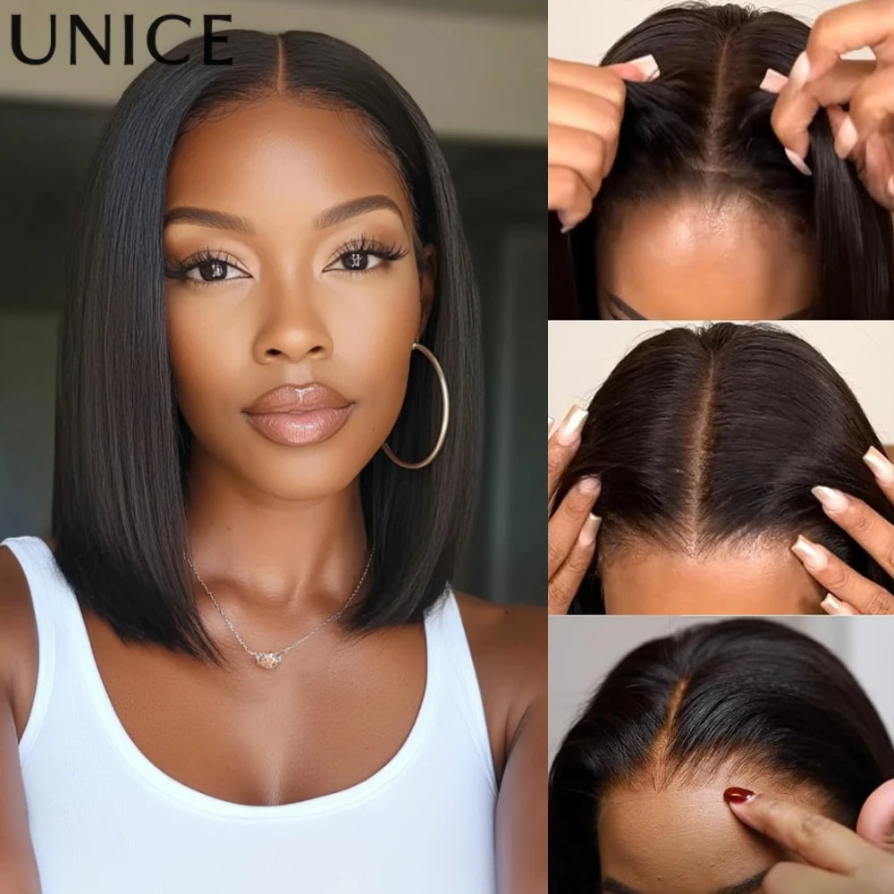 UNice 7x5 Pre Cut Pre Bleached Glueless Wig Human Hair Bone Straight & Yaki Straight Bob Wigs 150% Density