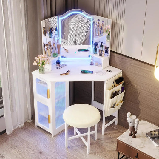 White Vanity Desk with Lighted Mirror, Makeup Table with LED Lights, Dressing Table with Charging Station