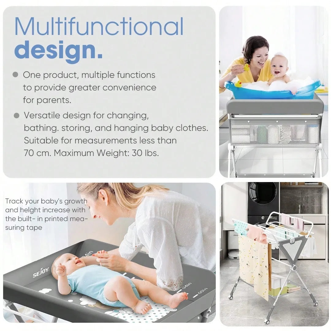 Sejoy Adjustable Baby Diaper Changing Table with Lockable Wheels Foldable Stand with Bottom Storage Board Elevated Fence