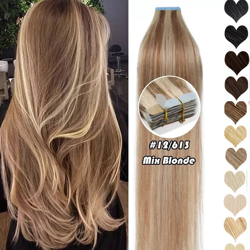 HAIRTIME Invisible Tape in Human Hair Extensions Light Golden Brown Blonde Hair Seamless Human Hair Tape In Extension Human Hair