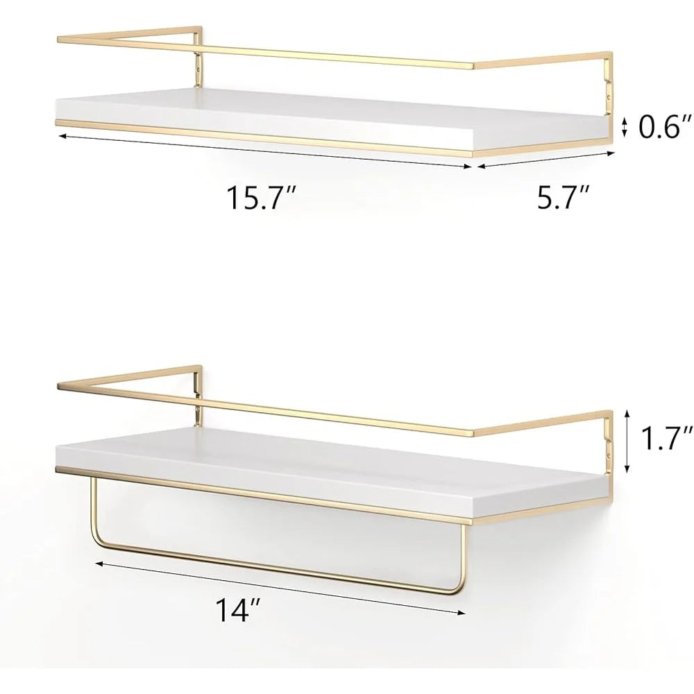 Wall Mounted Floating Shelves Set of 2 with Golden Towel Rack Decorative Storage Organizer Bathroom Kitchen Living Room