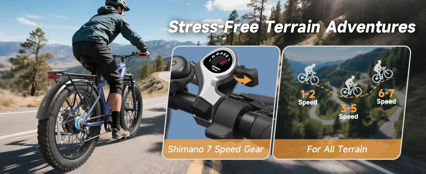 QRONGE Thunder Electric Bike for Adults 1800W Peak 48V 15AH Battery E bike 28MPH(PAS Mode) Electric Bicycles 26" Fat Tire E-Bike