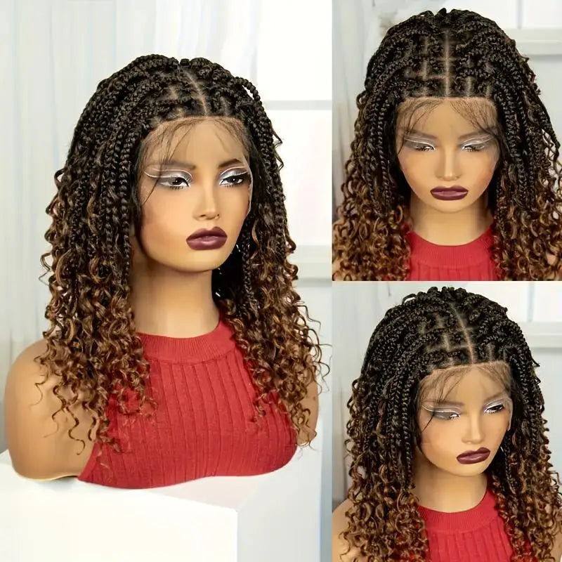 Knotless Box Braided Wigs with Curly Ends Synthetic Full Lace Braided Lace Wigs Short Boho Braided Bob Wigs for Black Women