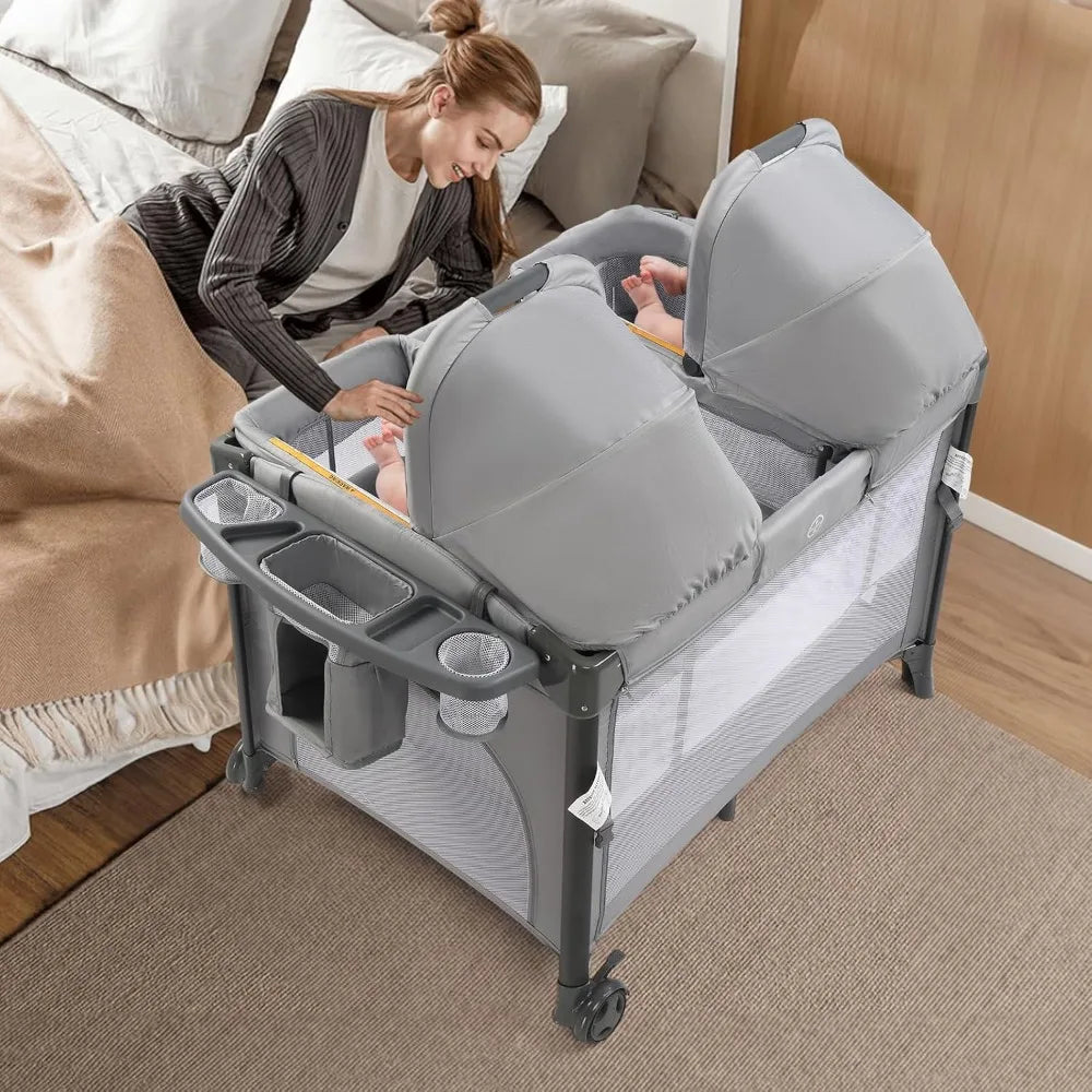 Twin Bassinet for Baby, Bedside Bassinet, Convertible to Bedside Sleeper and Playpen, with Wheel, Brake, Foldable Side Sleeper,