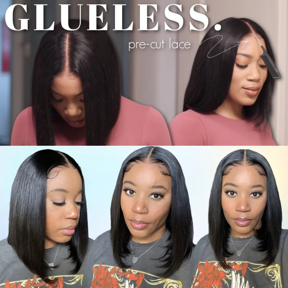 UNice 7x5 Pre Cut Pre Bleached Glueless Wig Human Hair Bone Straight & Yaki Straight Bob Wigs 150% Density