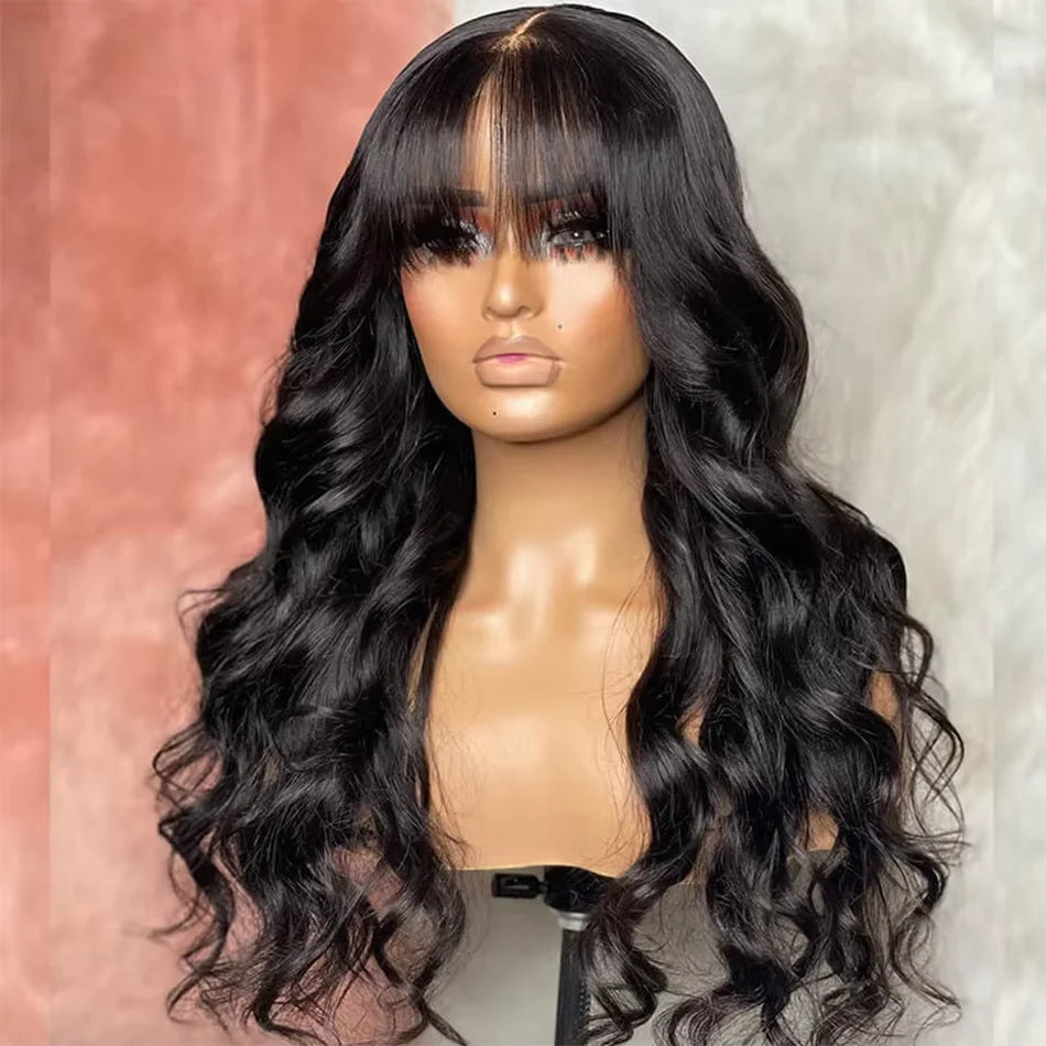 3x1 Lace Middle Part Body Wave Human Hair Wig With Bangs Brazilian Remy Loose Wave Machine Made Fringe Wig For Women on Sale