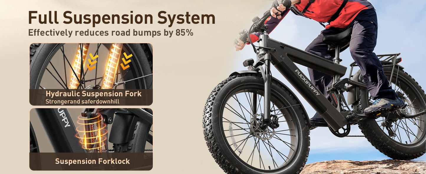 PUCKIPUPPY Dual Battery Electric Bike for Adults 1350W 48V 30AH Ebike 26" Fat Tire Full Suspension Electric Mountain Bike
