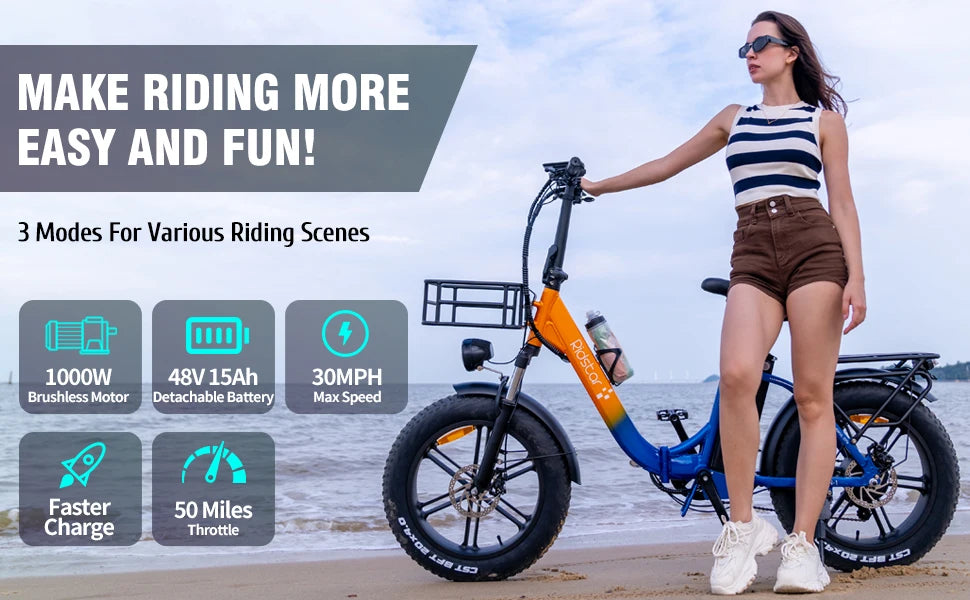 Ridstar Folding Electric Bike for Adults 1000/1500W 30MPH 48V 15/20Ah 20/26" Fat Tire City Commuter Foldable EBike for Men Women
