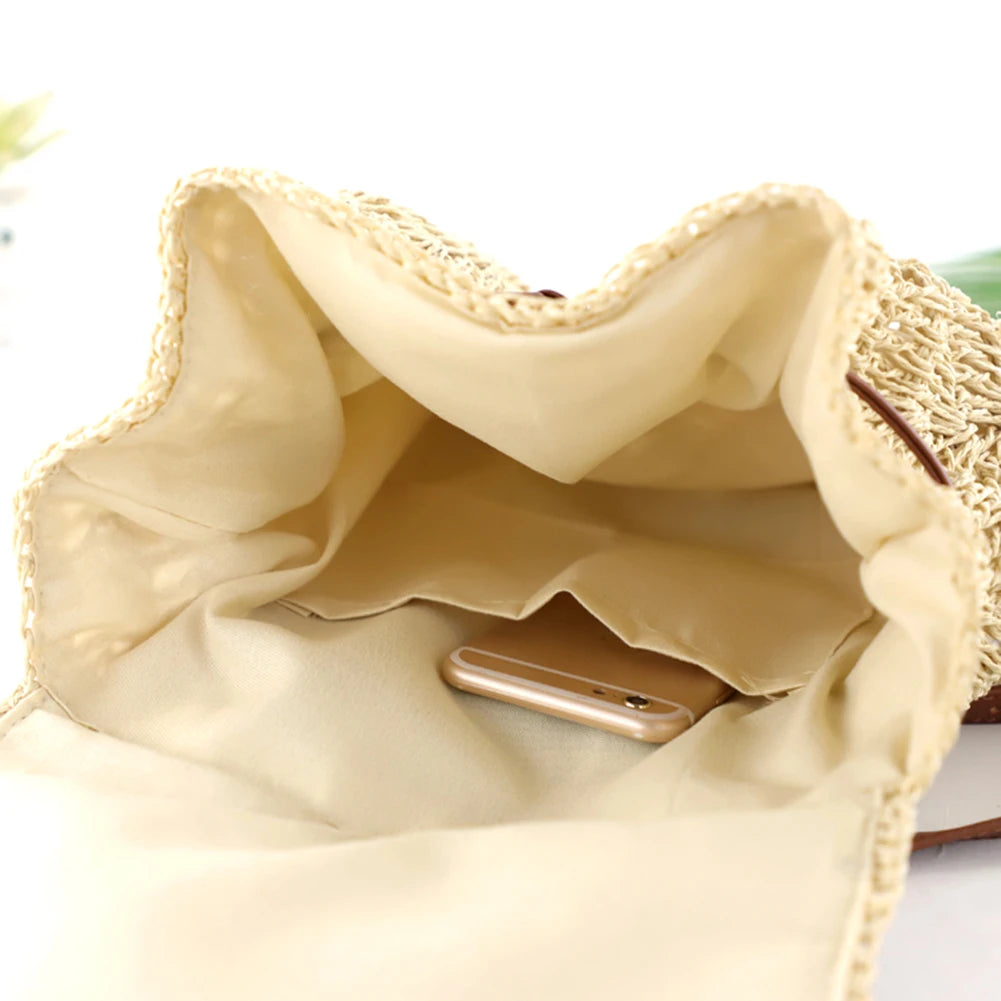 Women Straw Backpack Shoulders Bag Handmade Woven Casual Beach Top Handle Bags for Women Traveling Shopping