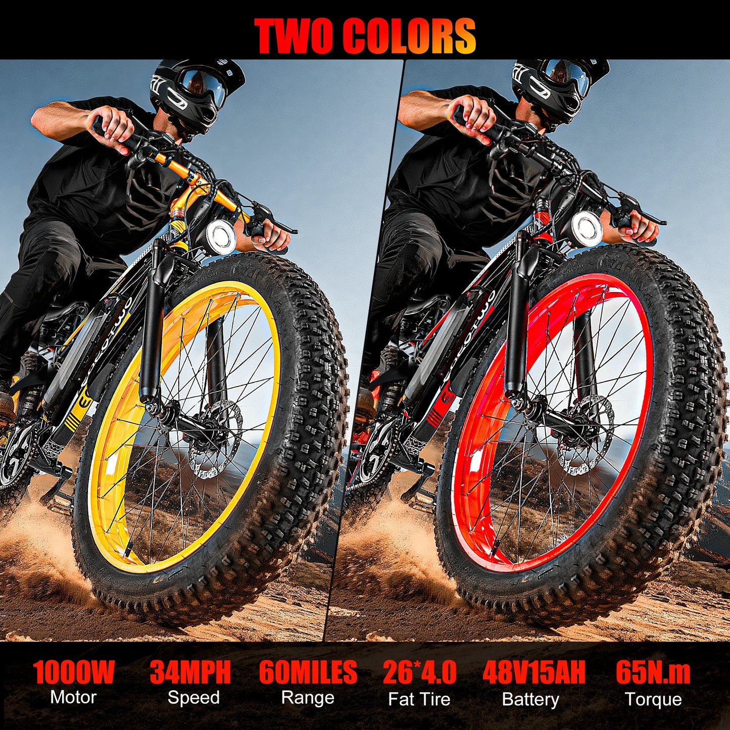 EOEOTWO E01 Electric Bike Adult 26" Fat Tire 1500W Peak Motor Electric Bicycle 34Mph Mountain E Bike 60Mile Range 48V15AH E Bike