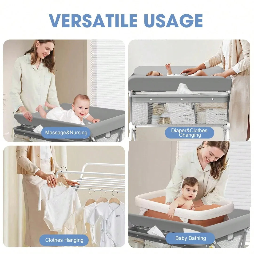 Sejoy Adjustable Baby Diaper Changing Table with Lockable Wheels Foldable Stand with Bottom Storage Board Elevated Fence