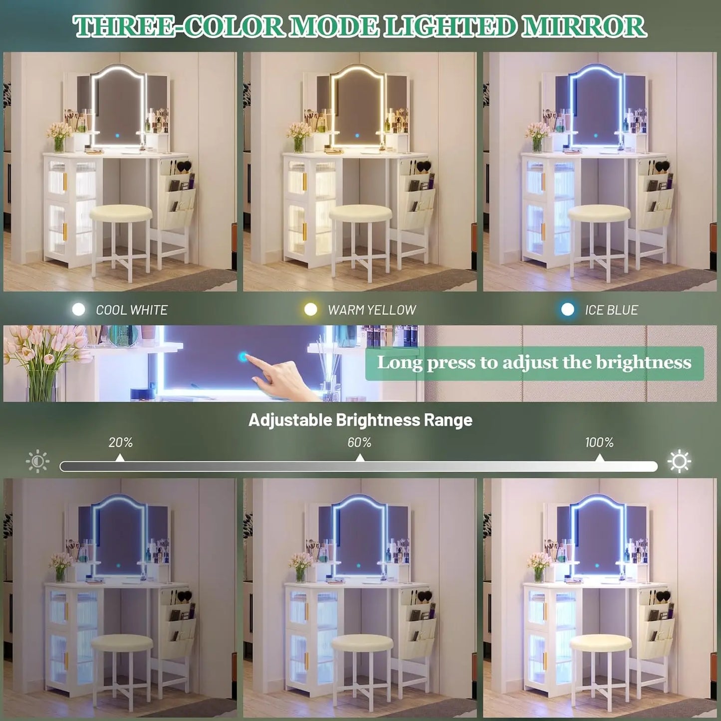 White Vanity Desk with Lighted Mirror, Makeup Table with LED Lights, Dressing Table with Charging Station