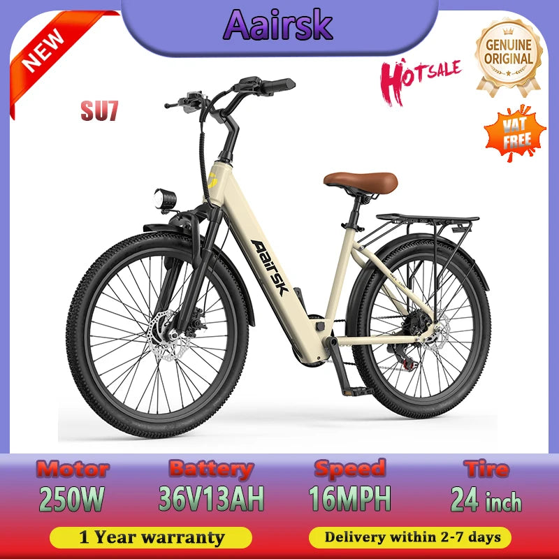 Aairsk SU7 E-bike 250W Motor 36V13AH City Commute Electric Bike 24 inch Tire NFC Key Men and women cycling Electric Bicycle