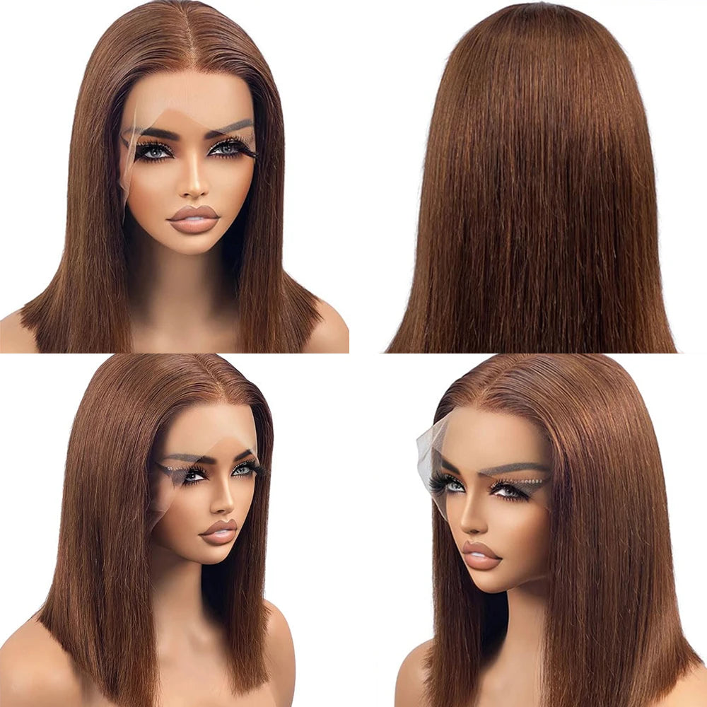 Idoli Brown Bob Lace Front Wig Human Hair Straight HD Transparent Blunt Cut Chocolate Brown Bob Wig Human Hair 13X4 Frontal Wigs