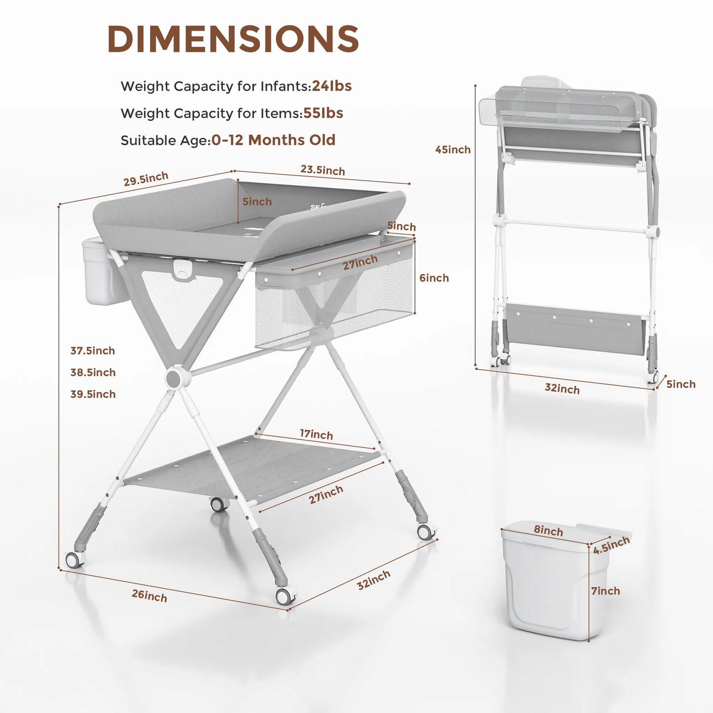 SEJOY Foldable Baby Changing With Wheels Table Portable Height Adjustable Diaper Care Station Mobile Infant Newborn Diaper Table
