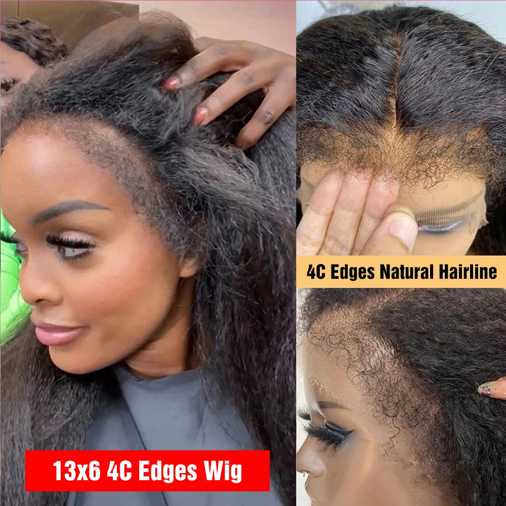 Yaki Kinky Straight Glueless Wigs Human Hair Ready To Wear Preplucked 4C Edges 13x6 HD Lace Frontal Wig Human Hair For Women 200