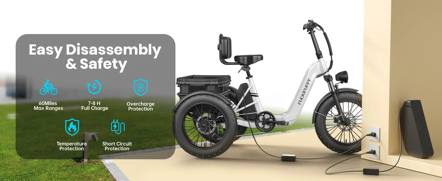 PUCKIPUPPY Electric Tricycle for Adult with 960W Peak Motor 60 Miles Range Pickup Class Trike 500 Lbs Load Electric Trike