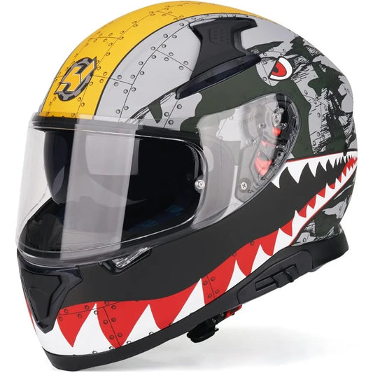 Full face motorcycle helmet designed for adult riders with DOT approval dual rear wing aerodynamics and Pinlockready visor for