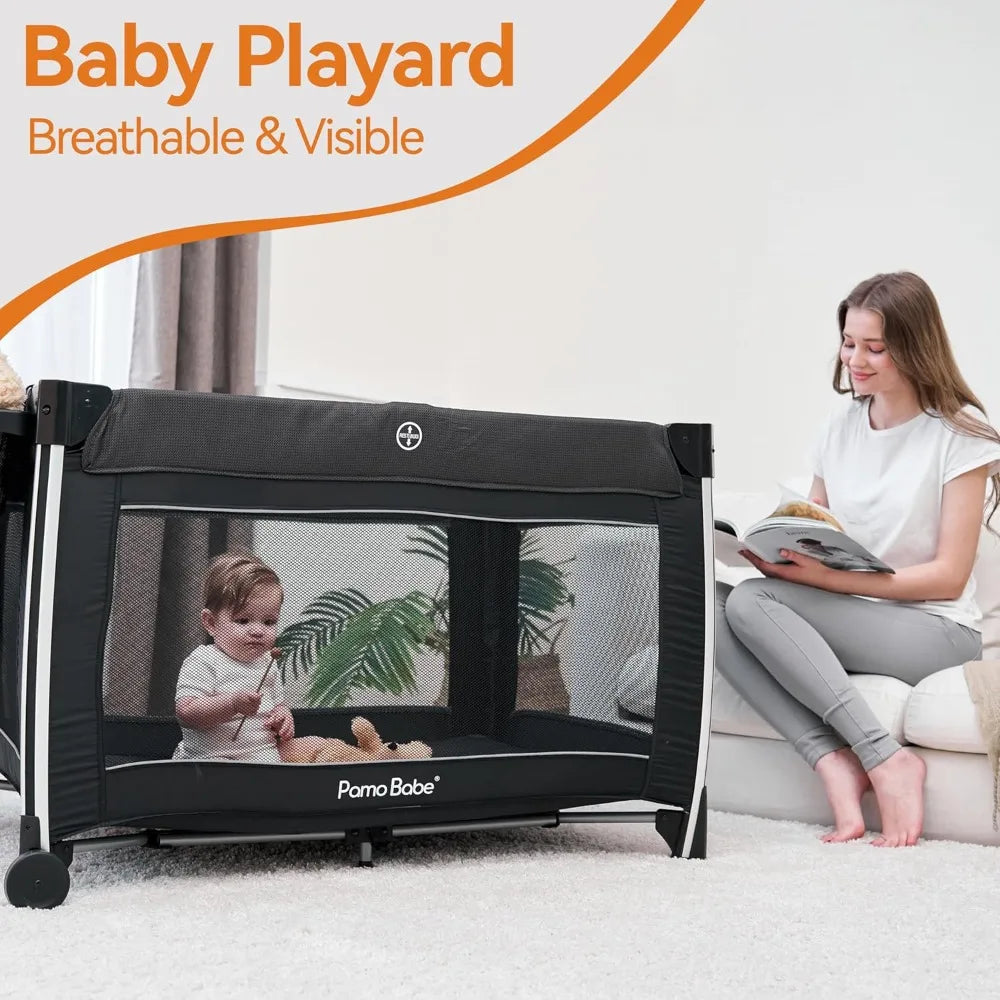 Free Delivery - 4 in 1 Baby Playards with Bassinet & Changing Table, Portable Crib Breathable Mesh and Toy Mobile